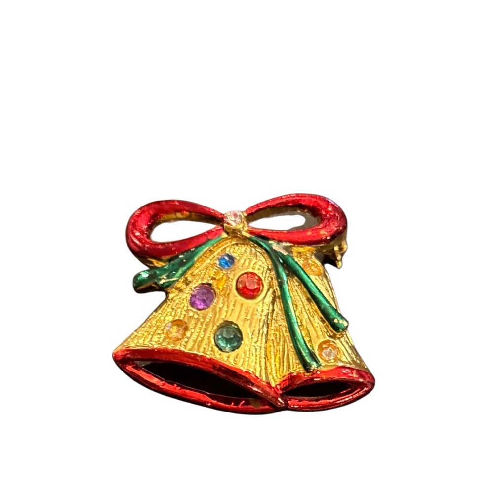 Vintage Gold Tone Holiday Christmas Bells Colorful Rhinestones Red Green Bow